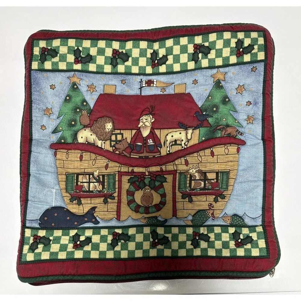 Christmas Santa /Noah’s Ark With Animals Quilted  Throw Pillow Cover Only